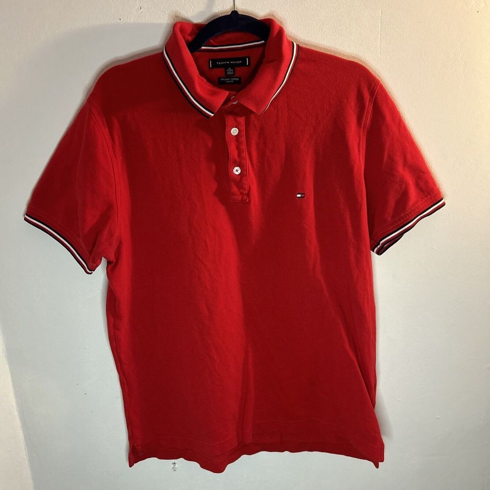 Tommy Hilfiger Red Organic Cotton Slim Fit Polo Shirt with Striped Trim XL